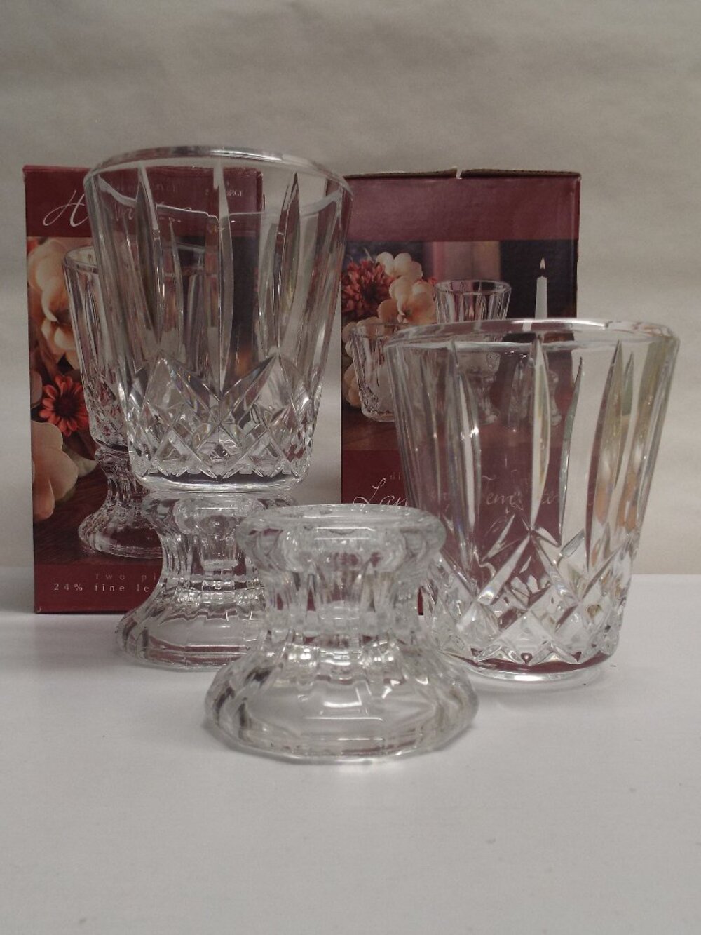Pair of St George Crystal Hurricane 7” Two Piece Lead Candle Holders - w/ Boxes